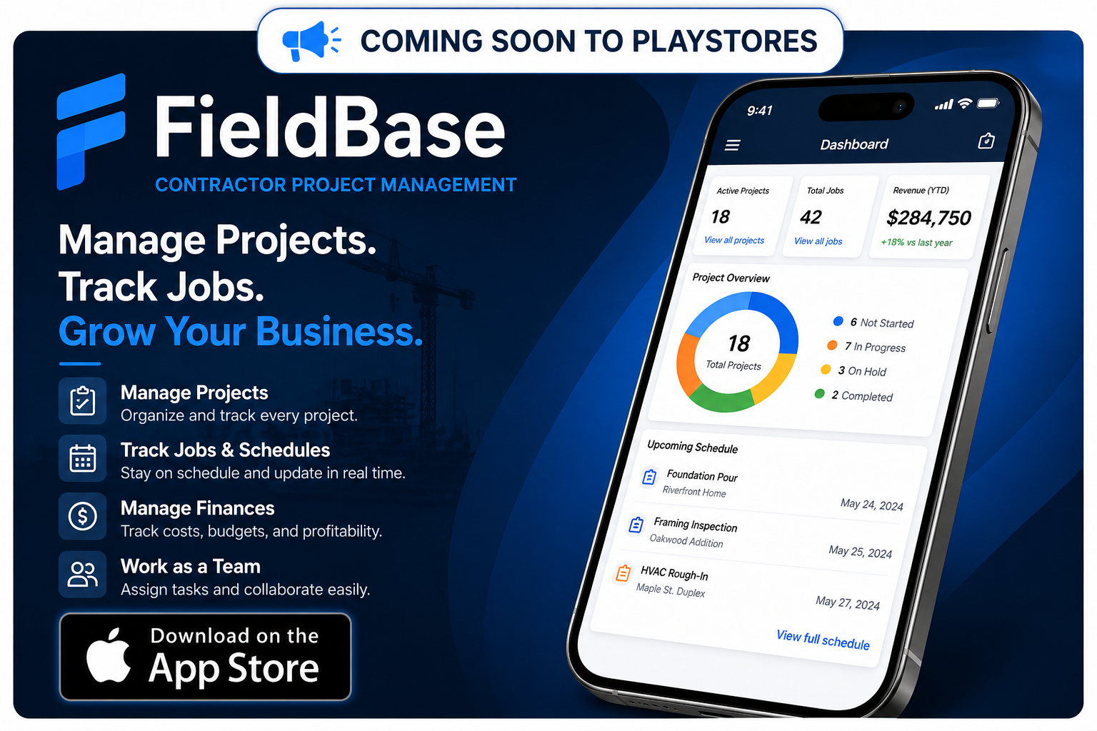 FieldBase contractor project management dashboard preview showing projects, schedules, finances, receipts, and mobile app views