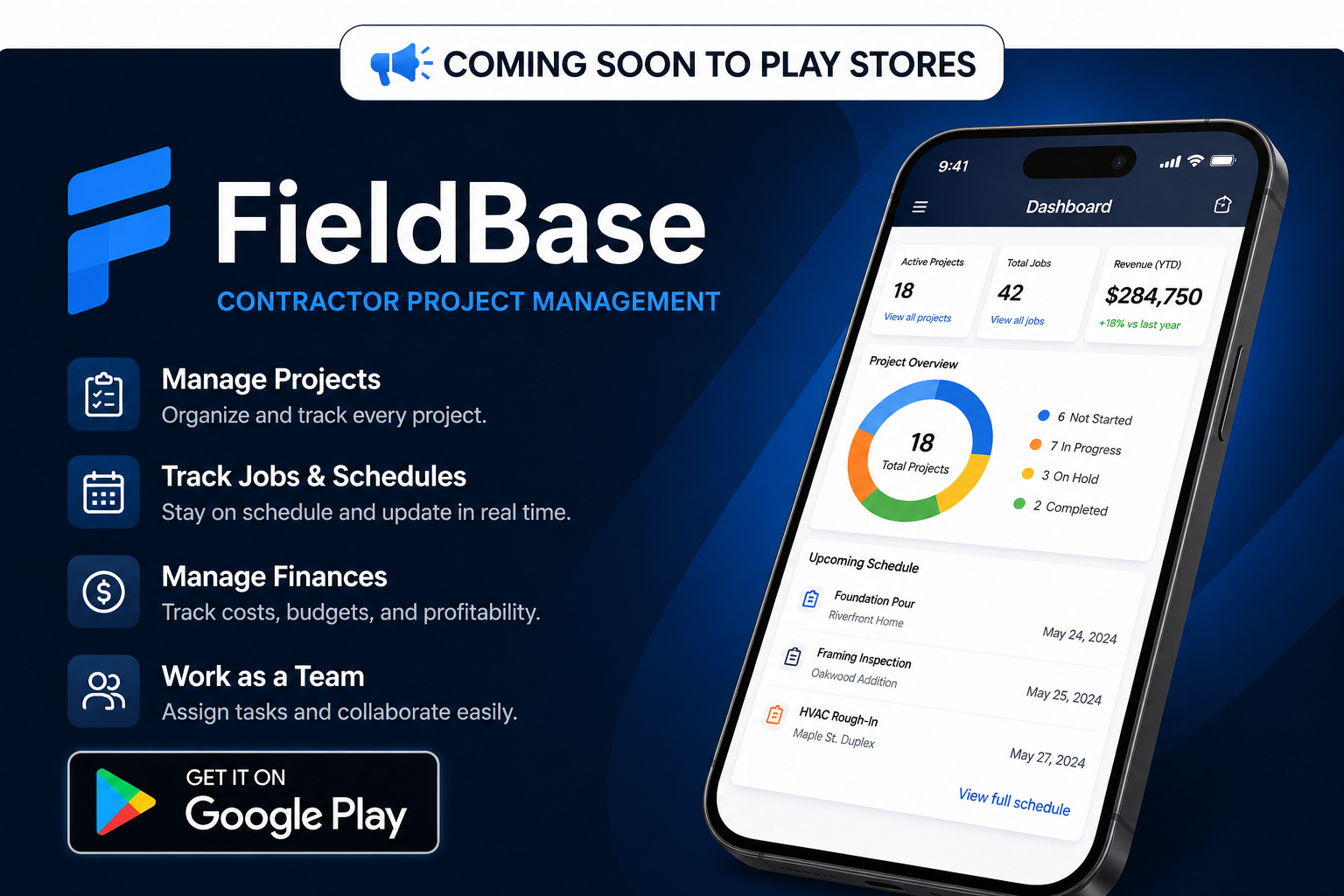 FieldBase contractor project management dashboard preview showing projects, schedules, finances, receipts, and mobile app views