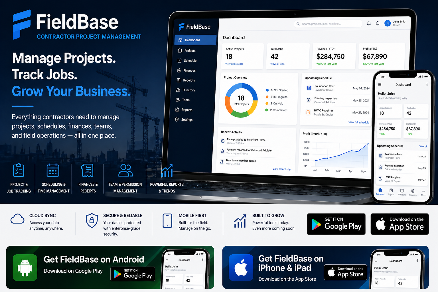 FieldBase contractor project management dashboard preview showing projects, schedules, finances, receipts, and mobile app views
